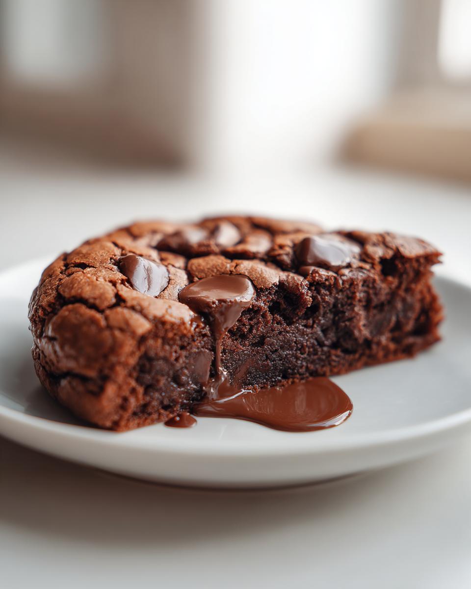Close-up of a rich, dark chocolate chip cookie slice with melted chocolate oozing onto a white plate.