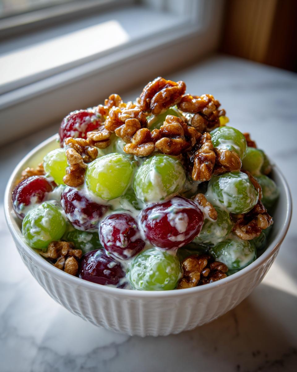 A white bowl filled with vibrant grape salad with candied walnuts, featuring green and red grapes coated in a creamy dressing.