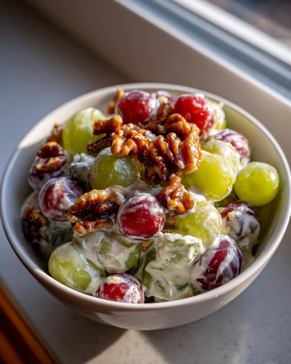 A bowl of creamy grape salad with red and green grapes topped with candied walnuts.