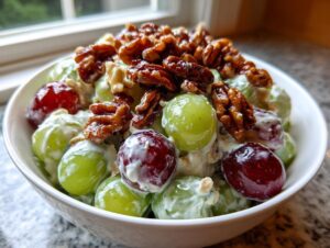 A white bowl filled with creamy grape salad featuring red and green grapes topped generously with candied walnuts.
