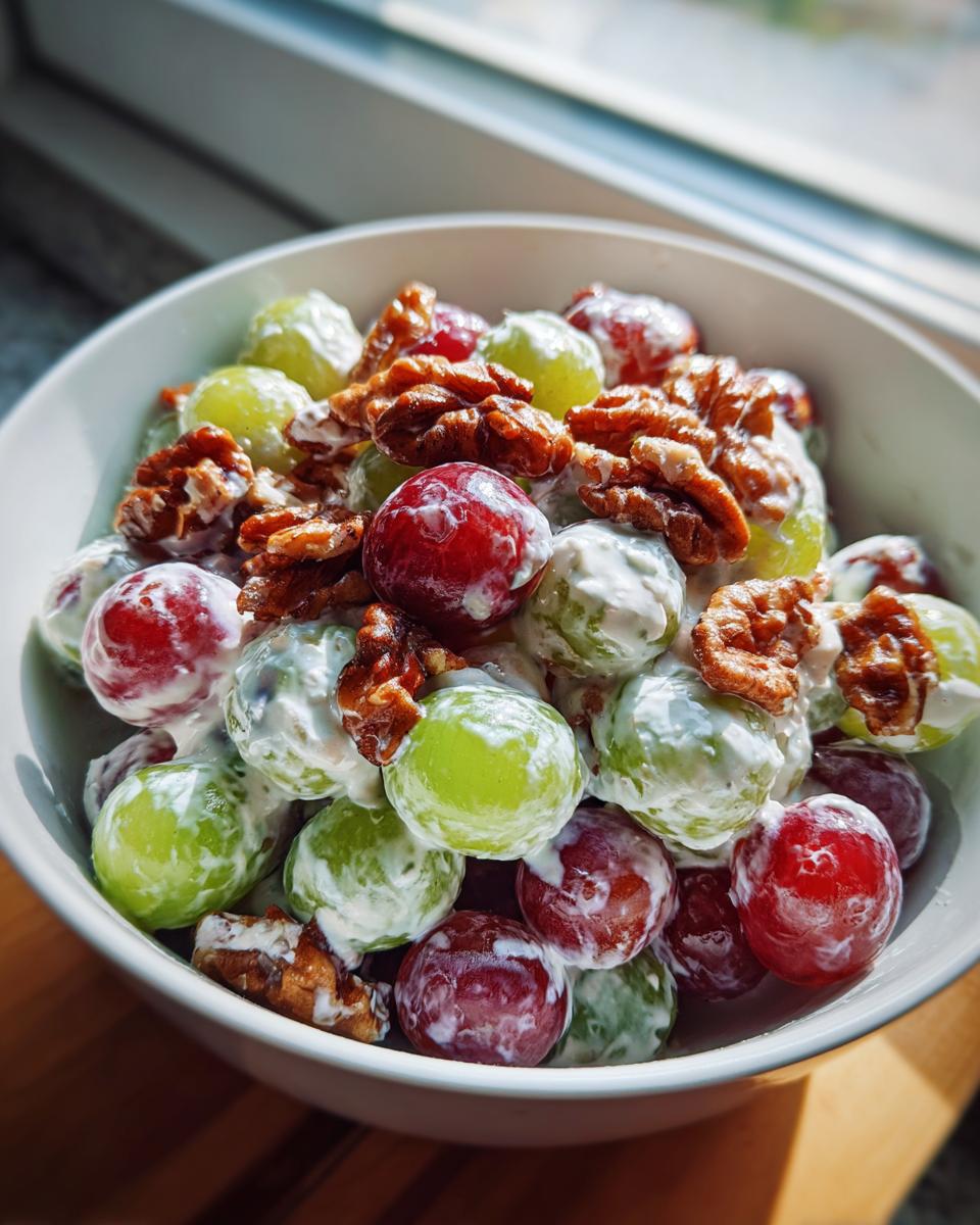 A close-up shot of creamy grape salad with red and green grapes mixed with a sweet dressing and topped with candied walnuts.