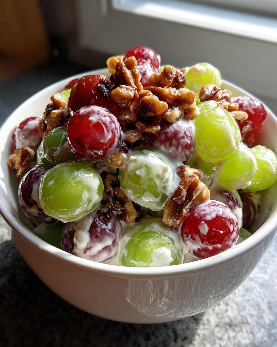 A white bowl filled with vibrant grape salad with candied walnuts, featuring red and green grapes coated in a creamy dressing.