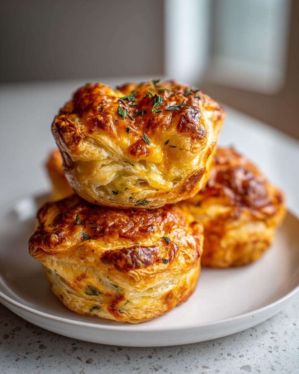 Close-up of golden brown ham cheese puff pastry stacks piled on a white plate, sprinkled with herbs.