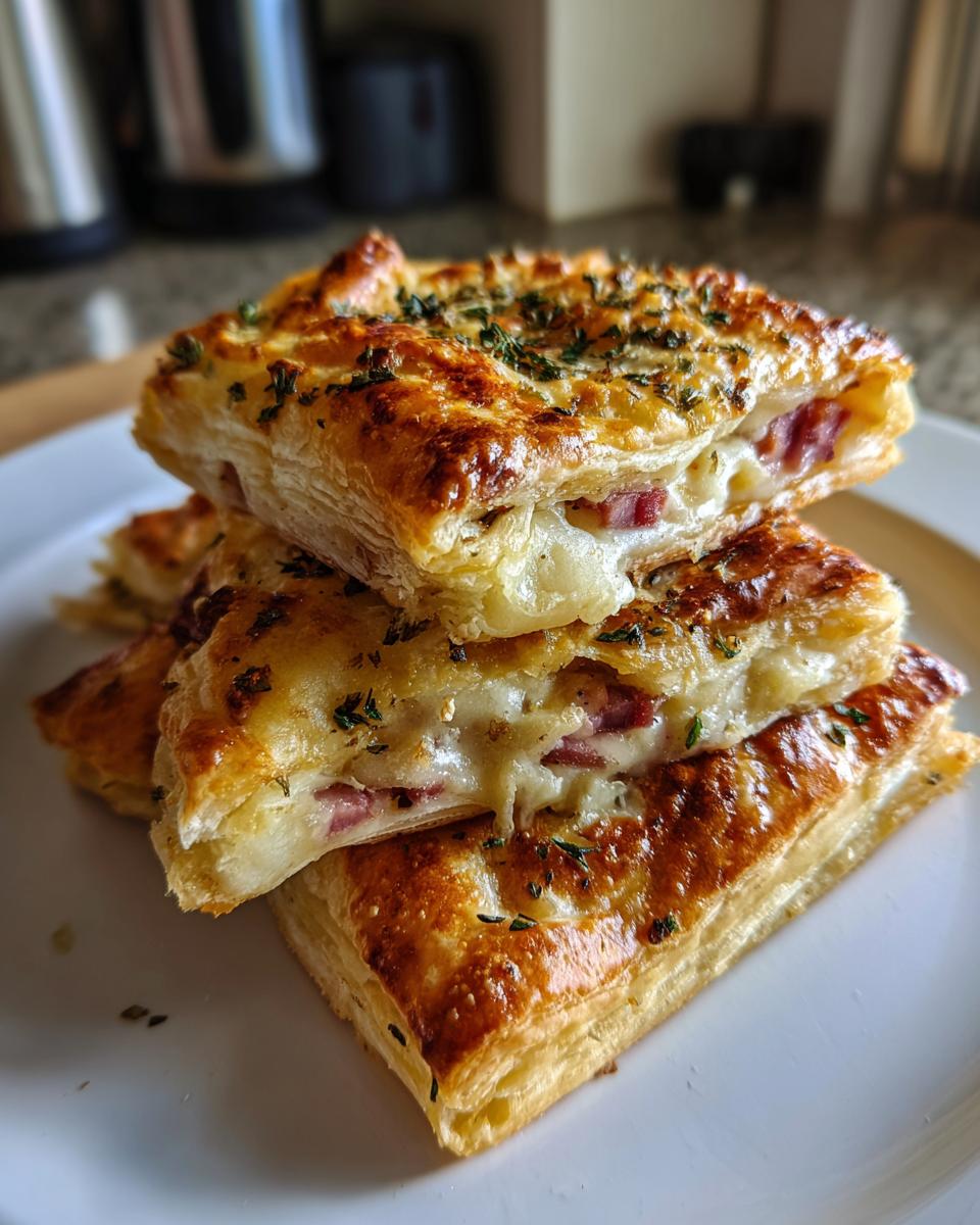 Close-up of stacked, golden-brown ham cheese puff pastry stacks showing melted cheese and ham filling.