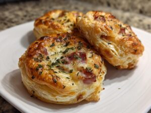 Three golden brown ham cheese puff pastry stacks topped with melted cheese and herbs, resting on a white plate.
