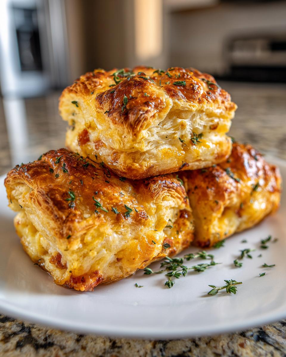 Three golden brown ham cheese puff pastry stacks piled on a white plate, garnished with fresh thyme.