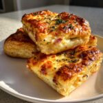 Close-up of golden brown ham cheese puff pastry stacks stacked on a white plate, topped with melted cheese and herbs.
