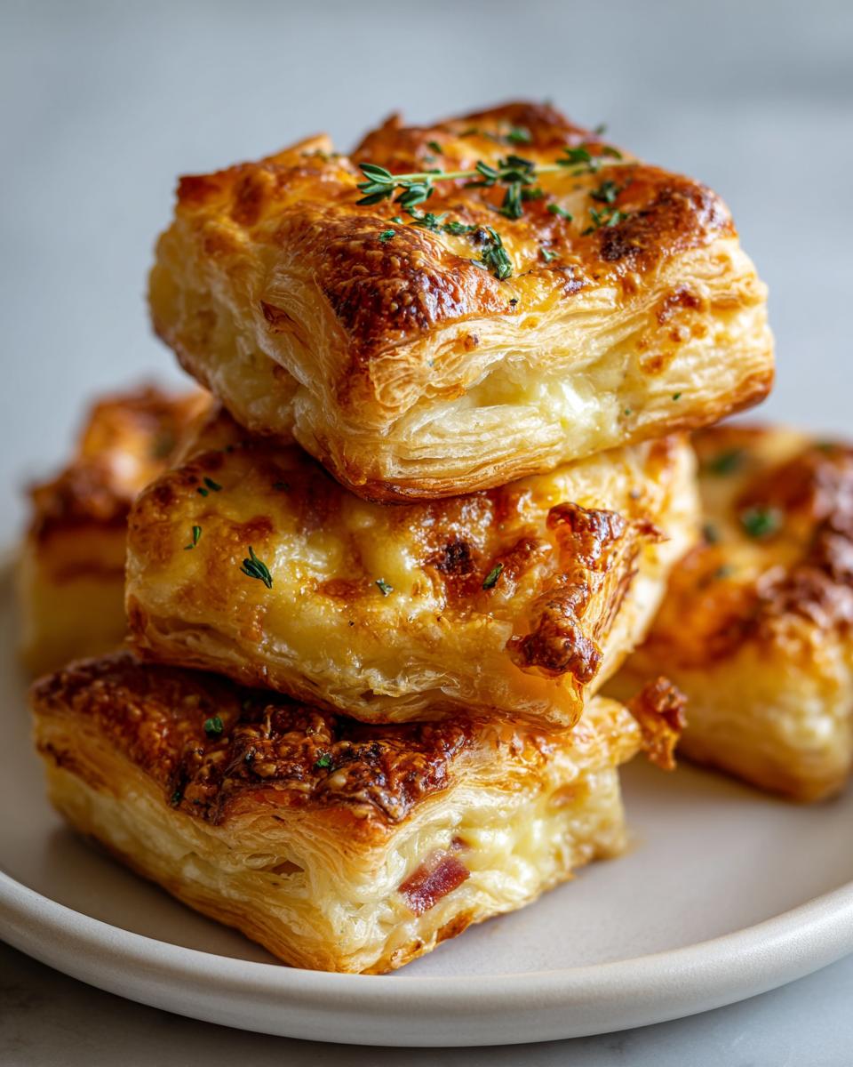 A stack of three golden brown ham cheese puff pastry stacks, flaky and topped with melted cheese and herbs.