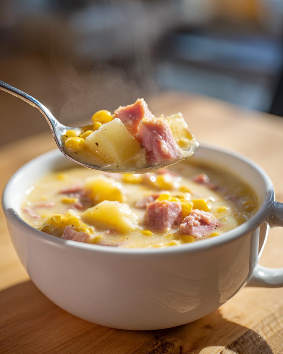 A spoonful of hot ham potato corn chowder lifted from a white bowl, showing chunks of ham, potatoes, and corn.