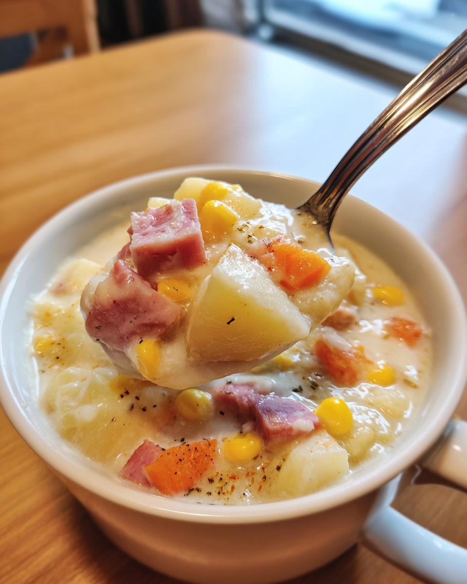 A spoonful of creamy ham potato corn chowder being lifted from a white bowl, showing chunks of ham, potatoes, and corn.
