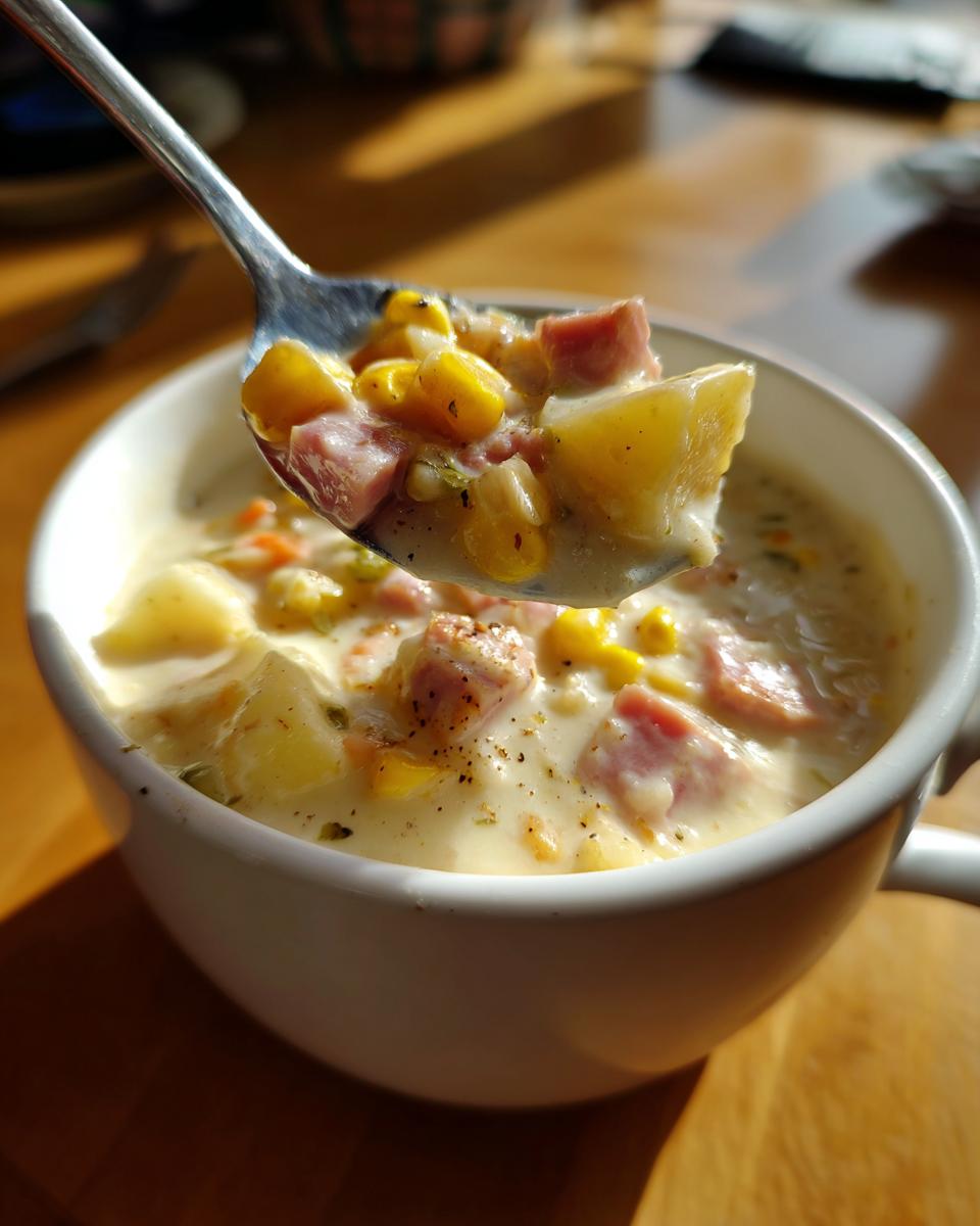 A spoonful lifted from a bowl of ham potato corn chowder, showing chunks of ham, potato, and corn in a creamy base.