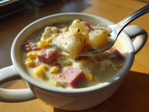 A spoonful of hot ham potato corn chowder lifted from a white mug, showing chunks of potato, ham, and corn in a creamy broth.