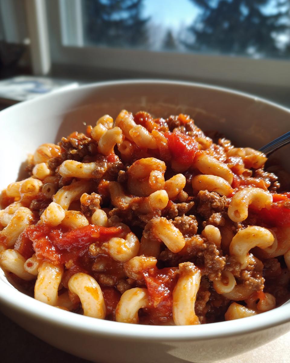 A close-up view of a white bowl filled with piping hot american chop suey, featuring elbow macaroni and rich meat sauce.