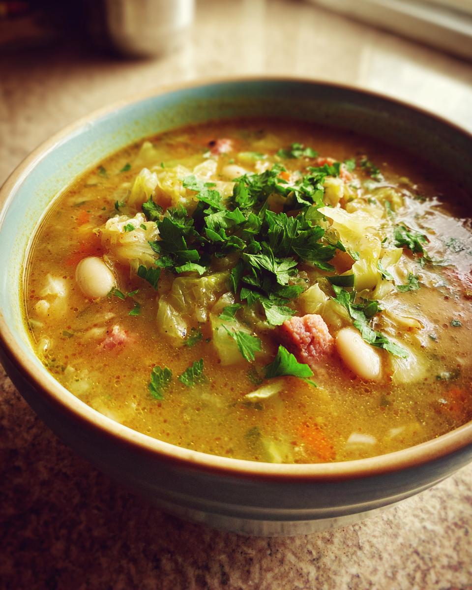 Close-up of a bowl filled with hearty cabbage soup, featuring cabbage, white beans, meat, and topped with fresh parsley.