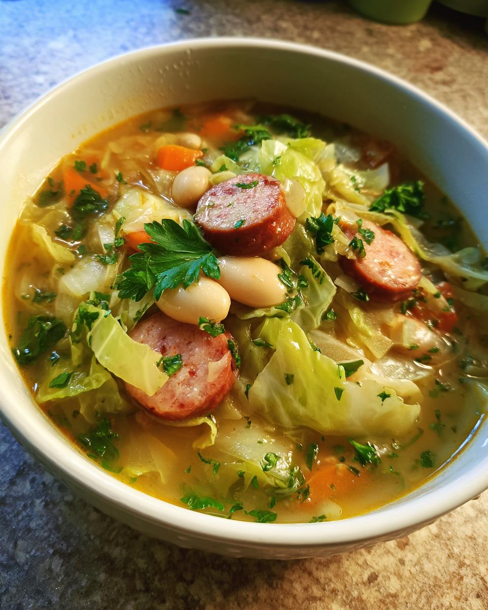 A close-up view of a bowl of hearty cabbage soup featuring large pieces of green cabbage, sliced sausage, white beans, and fresh parsley.