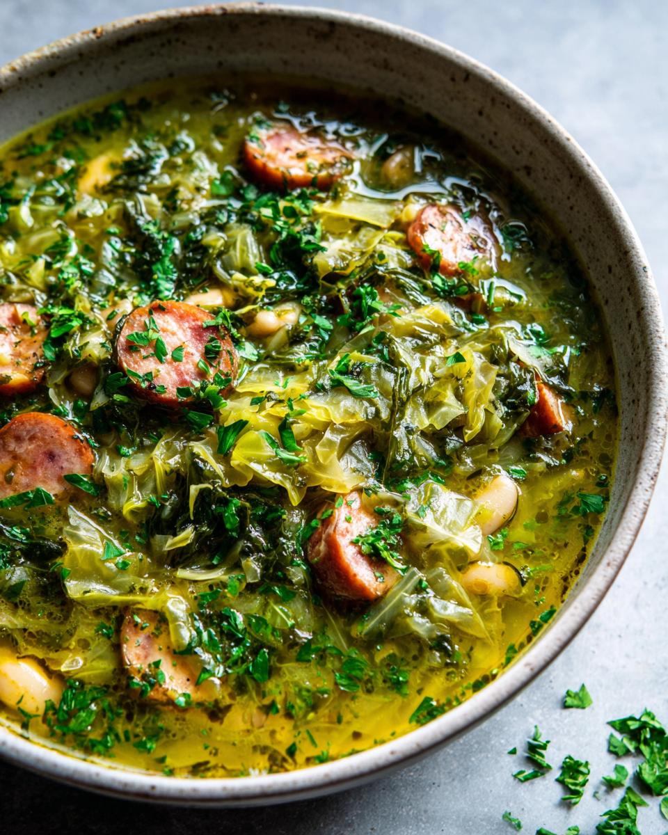 Close-up of a bowl of hearty cabbage soup filled with shredded cabbage, white beans, sliced smoked sausage, and fresh parsley.