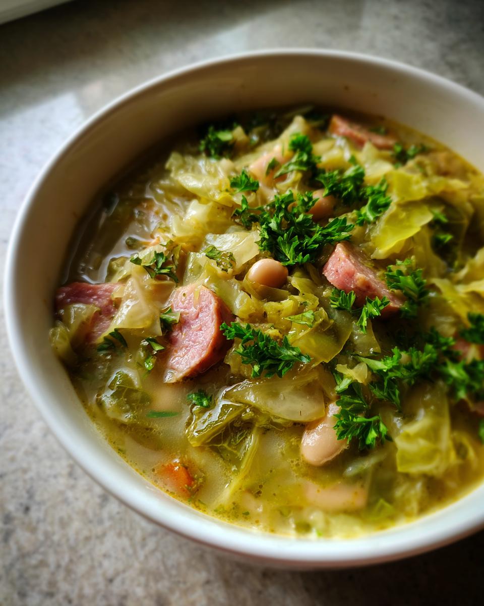 Close-up of a white bowl filled with hearty cabbage soup, featuring chunks of sausage, white beans, and fresh parsley garnish.