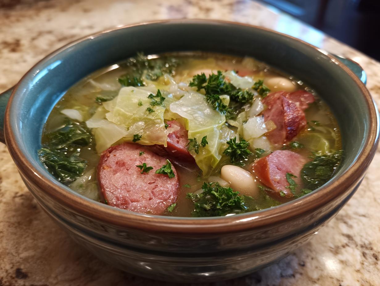 A close-up view of a bowl of hearty cabbage soup featuring chunks of smoked sausage, white beans, and green cabbage, garnished with parsley.