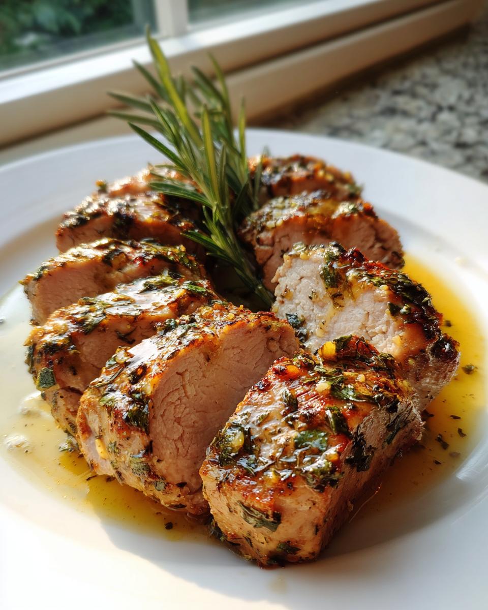 Slices of juicy pork tenderloin recipe coated in herbs and resting in pan juices, garnished with rosemary.