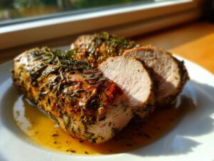 Close-up of a juicy, herb-crusted pork tenderloin recipe, sliced on a white plate with pan juices.