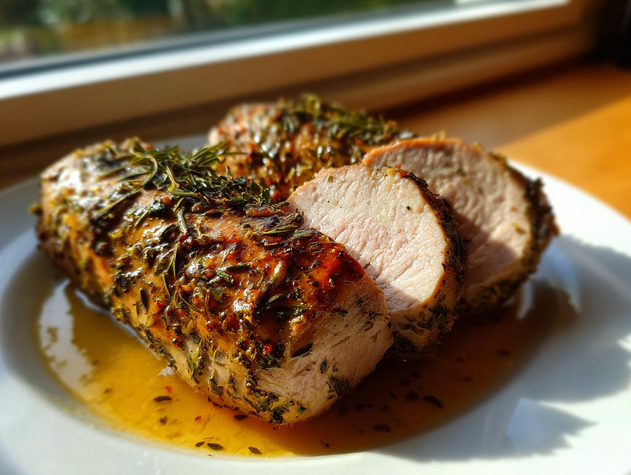 Close-up of a juicy, herb-crusted pork tenderloin recipe, sliced on a white plate with pan juices.