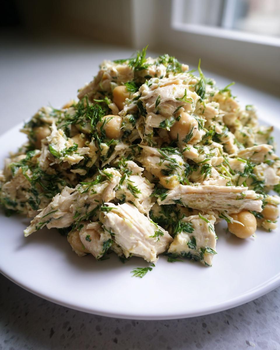 A mound of high protein chickpea chicken salad featuring shredded chicken, chickpeas, and lots of fresh green dill on a white plate.