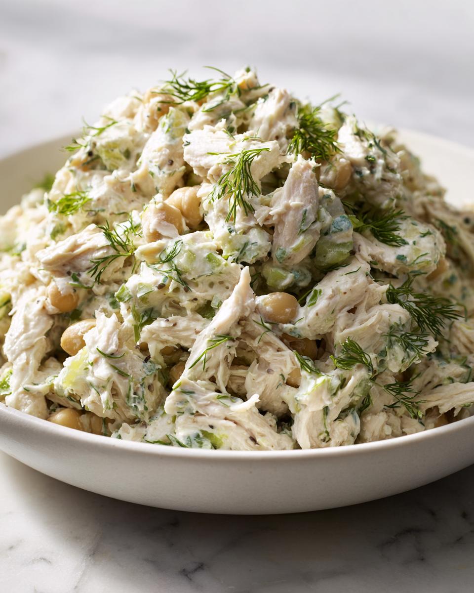 A close-up of a creamy, high-protein chickpea chicken salad mixed with celery and topped with fresh dill.