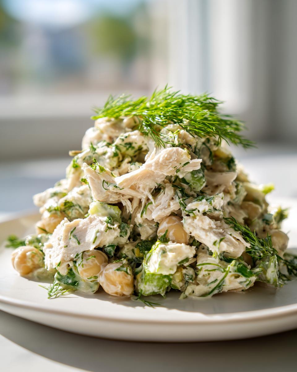 A mound of creamy chickpea chicken salad featuring shredded chicken, chickpeas, and green herbs, topped with fresh dill.