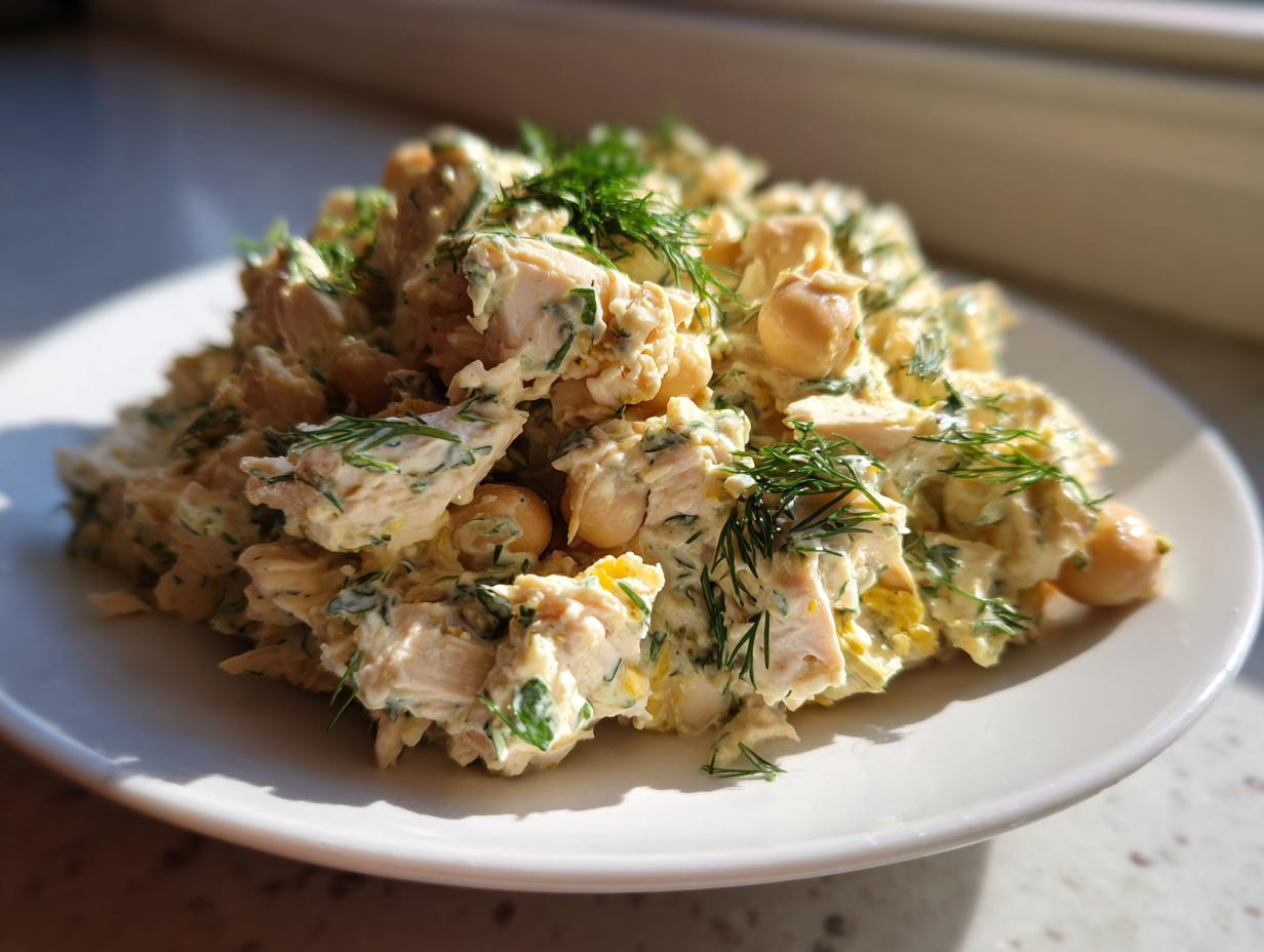 A mound of creamy chickpea chicken salad mixed with chickpeas and topped generously with fresh dill.