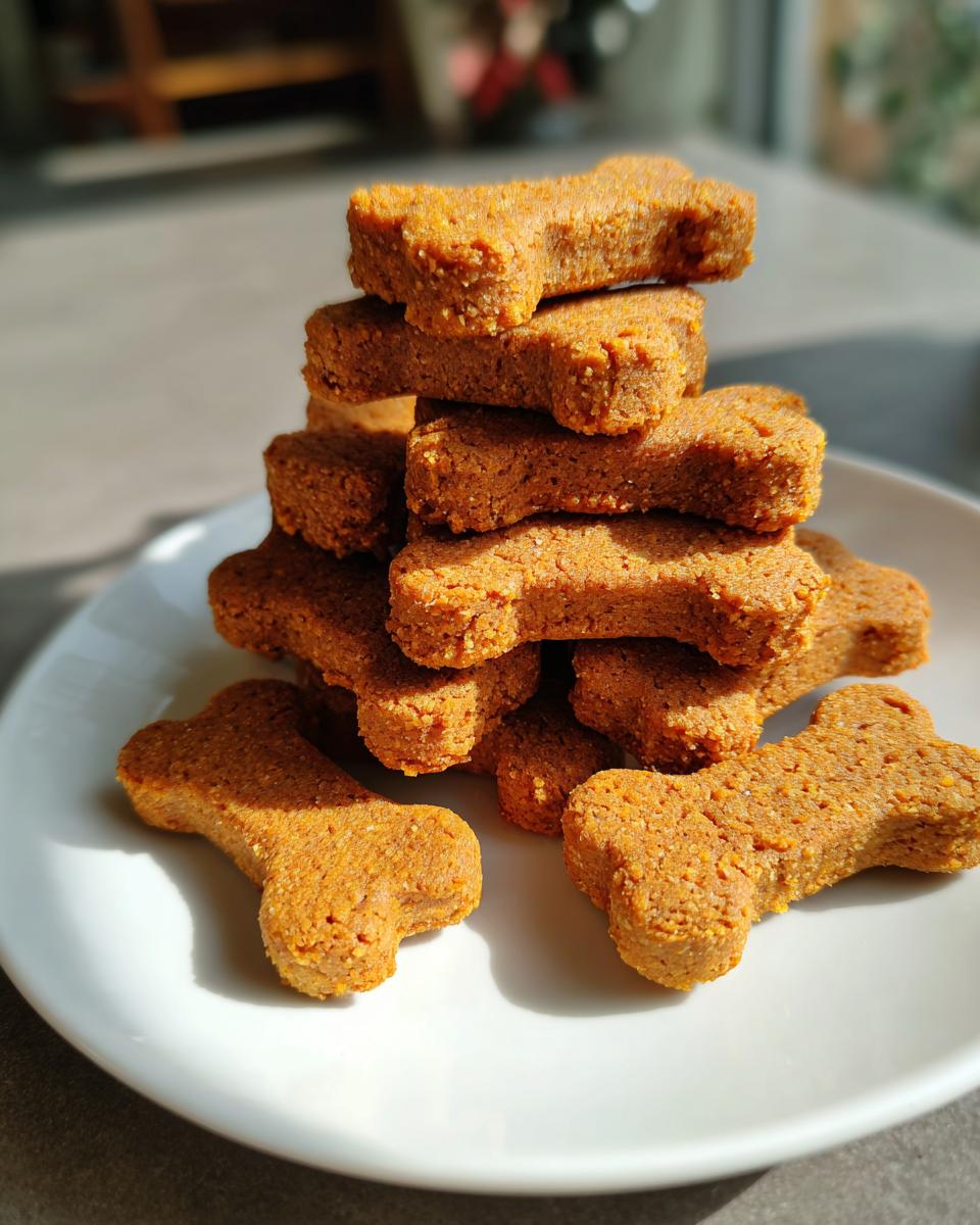 A stack of freshly baked, bone-shaped dog cookies piled high on a white plate, catching bright sunlight.