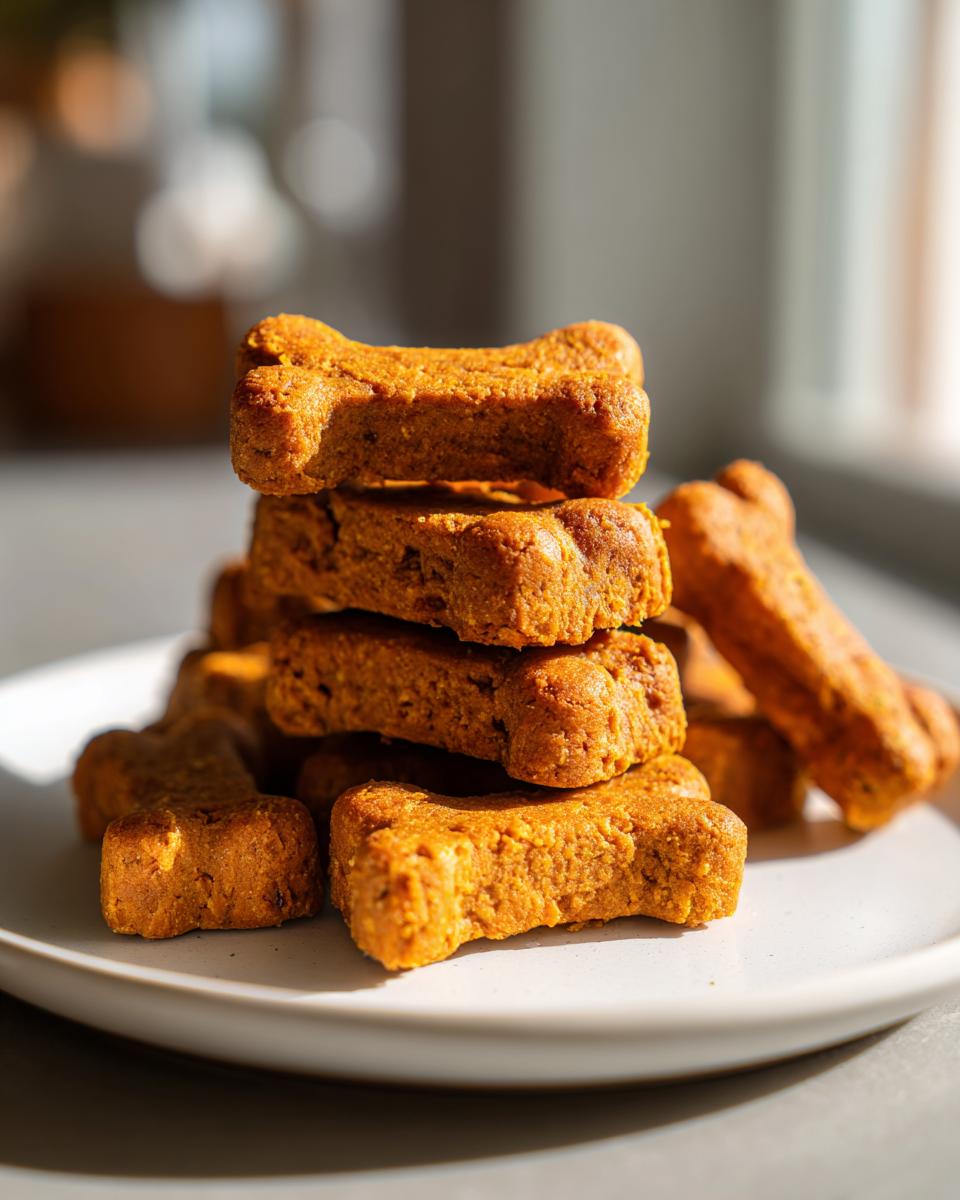 A close-up stack of homemade, bone-shaped dog cookies on a white plate, bathed in natural light.