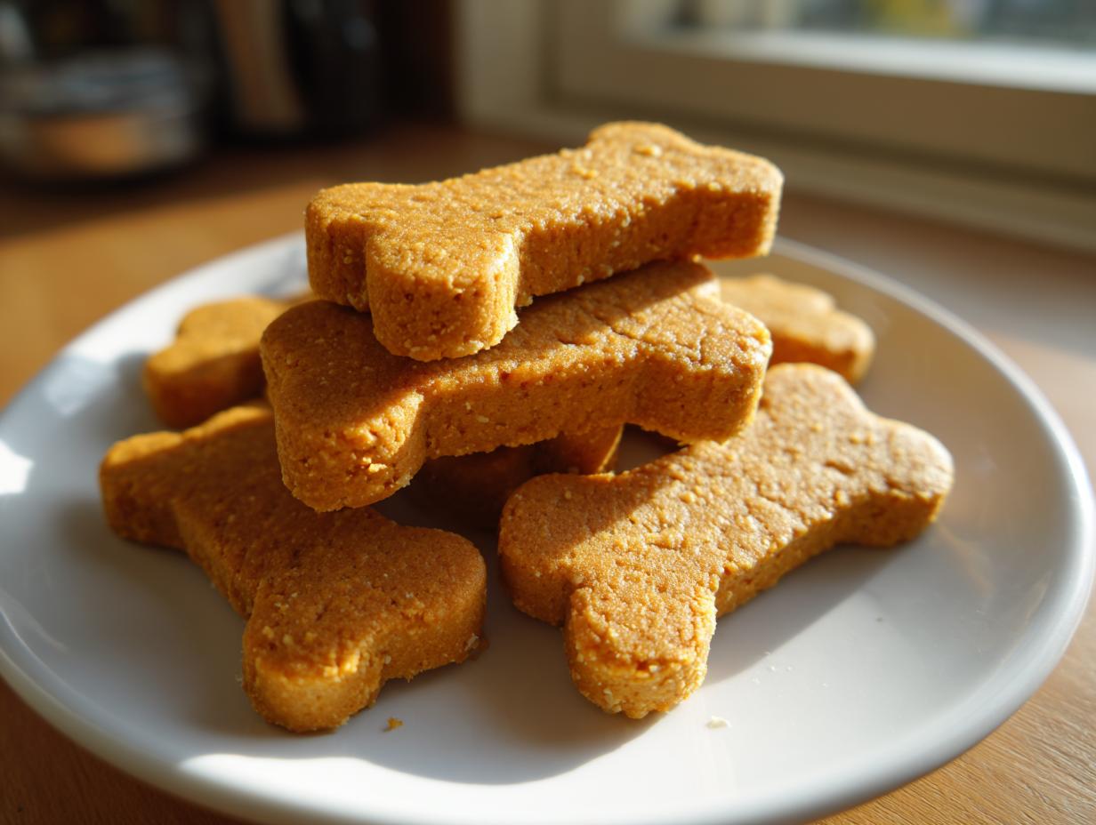 A stack of golden brown, bone-shaped dog cookies resting on a white plate in natural sunlight.