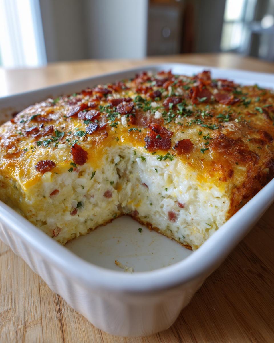 A portion removed from the amazing jalapeño popper hashbrown casserole, showing the creamy interior topped with melted cheese and bacon.
