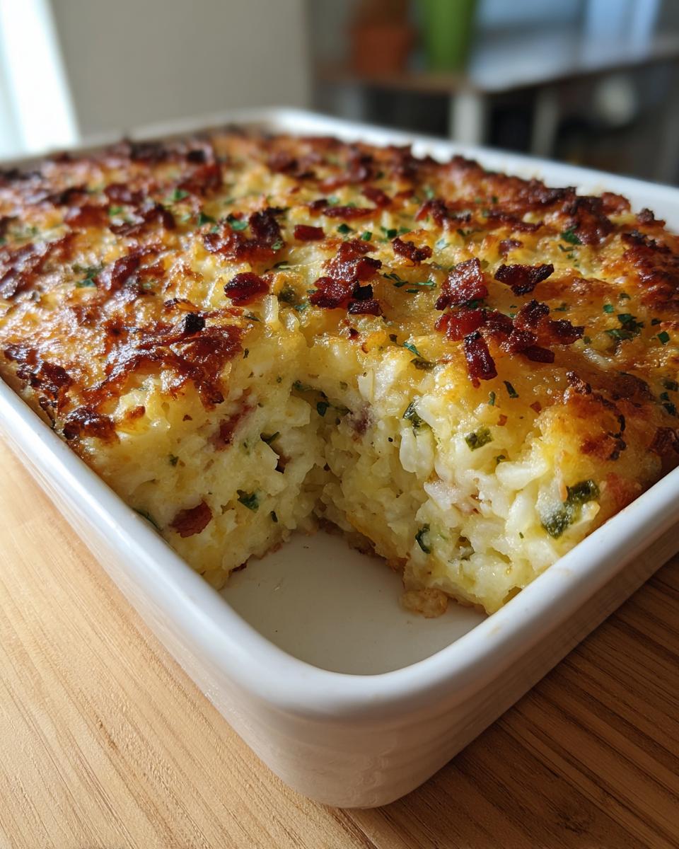 A freshly baked jalapeño popper hashbrown casserole in a white baking dish with a serving removed.