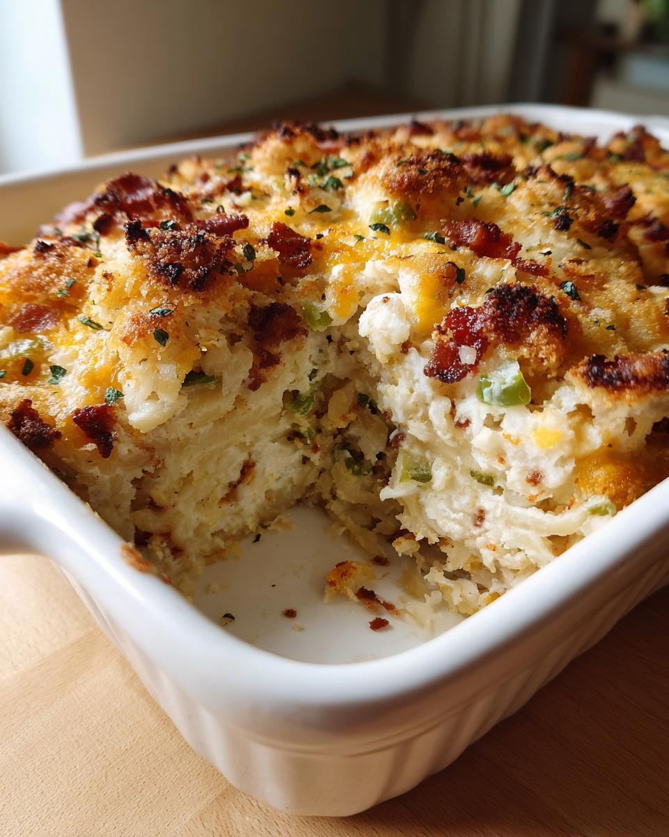 Close-up of a baked jalapeño popper hashbrown casserole with a golden crust, bacon, and a scoop removed.