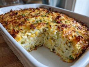 A freshly baked jalapeño popper hashbrown casserole with a golden, cheesy crust, showing a serving removed.