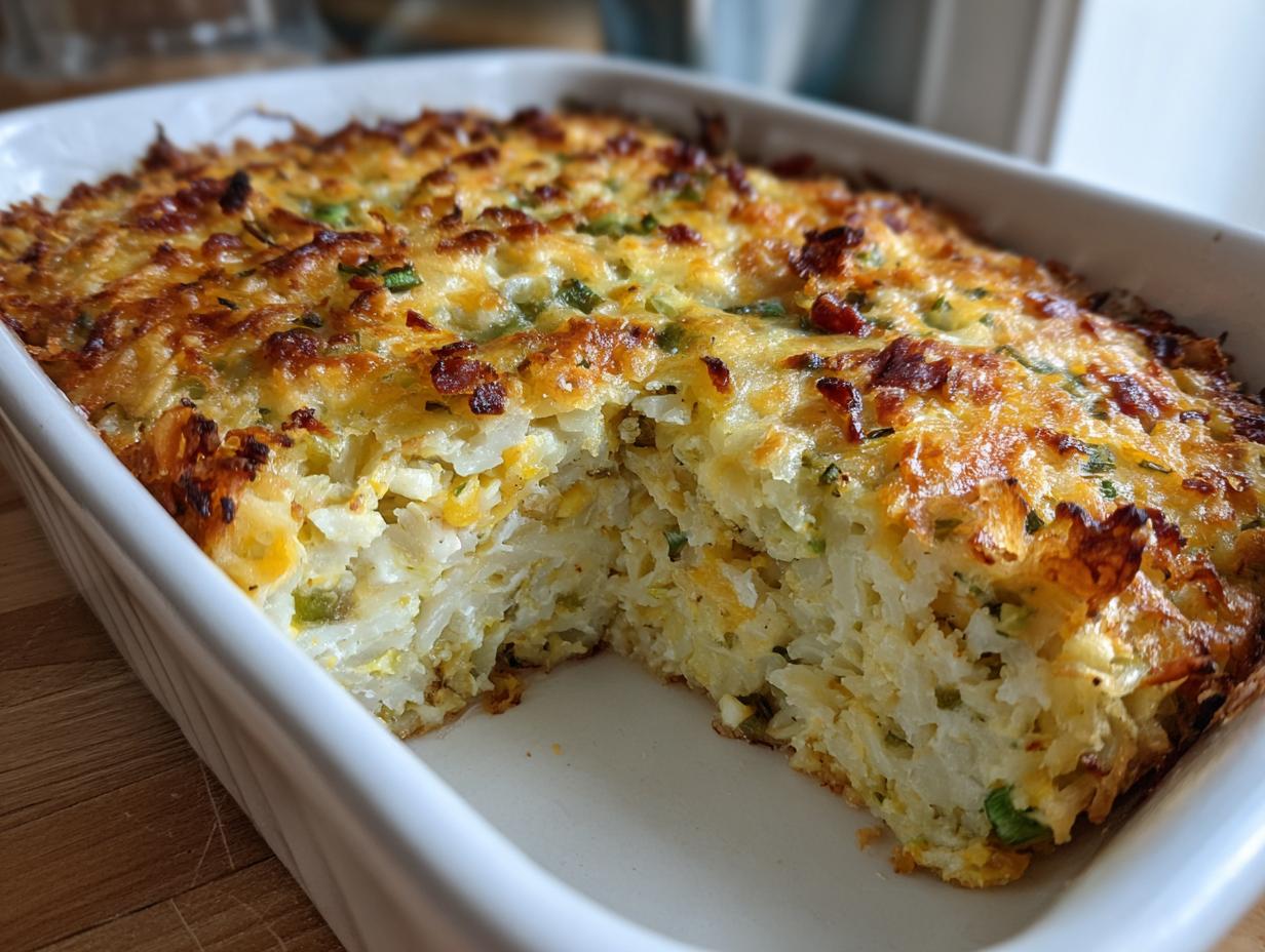 A freshly baked jalapeño popper hashbrown casserole with a golden, cheesy crust, showing a serving removed.