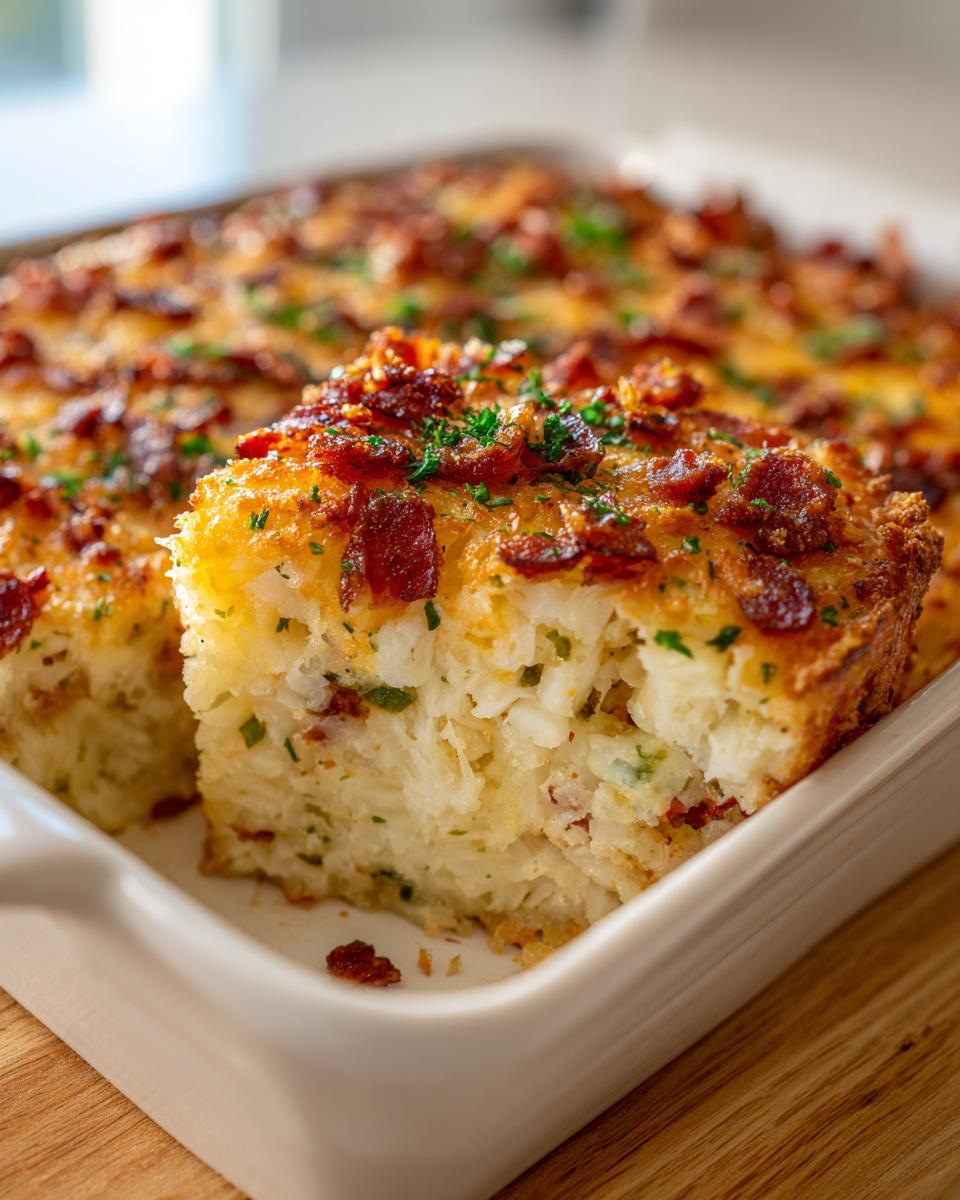A close-up of a square serving of baked jalapeño popper hashbrown casserole topped with melted cheese and crispy bacon bits.