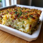 A thick, golden-brown slice of jalapeño popper hashbrown casserole topped with bacon bits and chives.