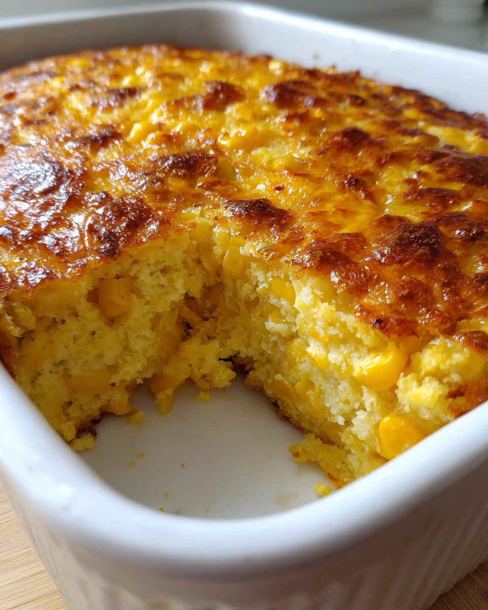 Close-up of a golden-brown baked jiffy corn casserole in a white baking dish with a portion removed.