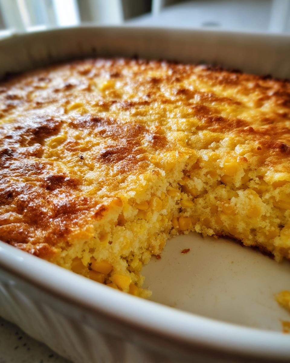 Close-up of a freshly baked Jiffy corn casserole with a golden-brown crust, showing a scoop already removed.