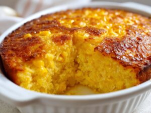 Close-up of a freshly baked, golden-brown jiffy corn casserole with a slice removed, showing the moist interior.
