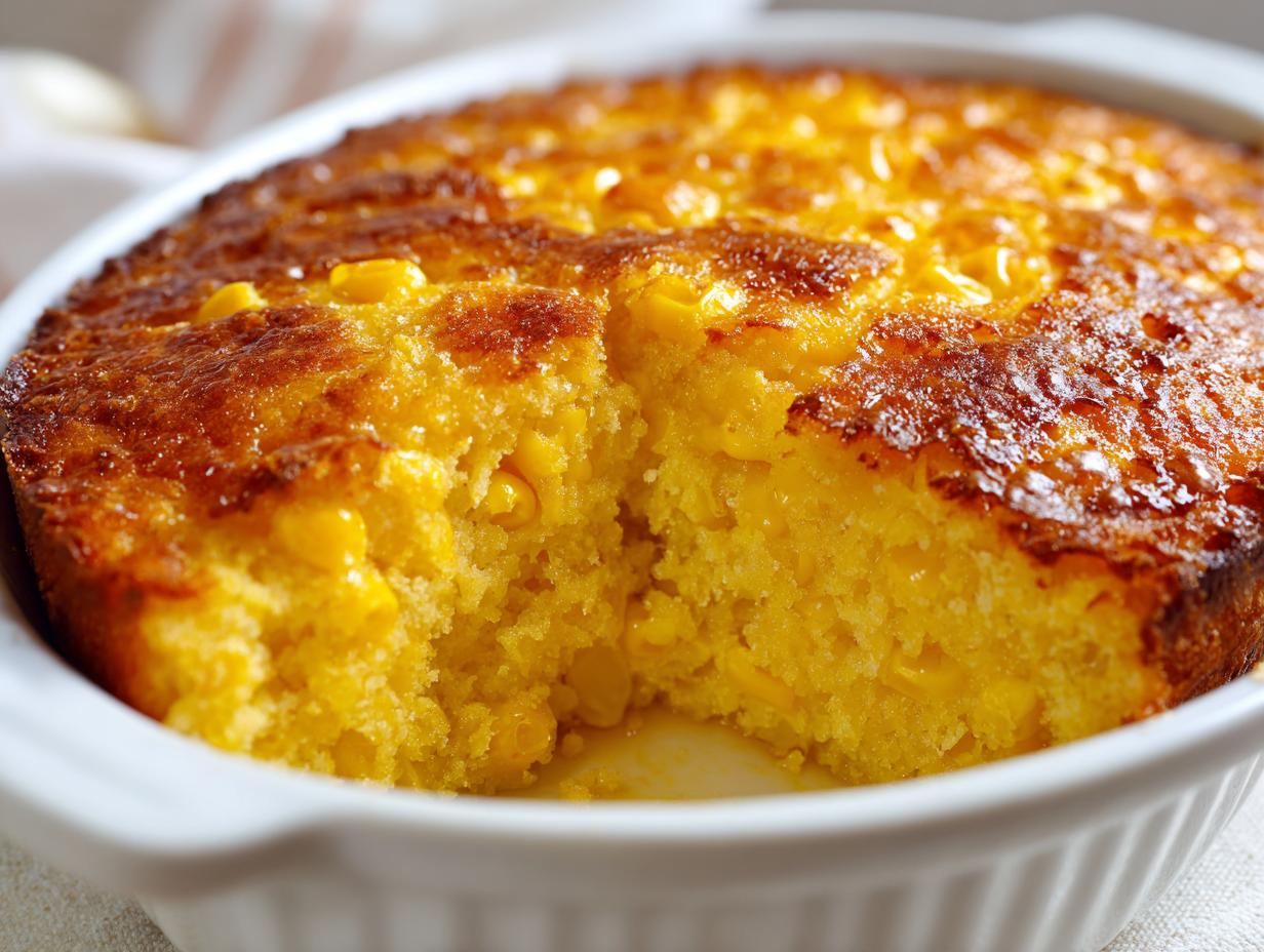 Close-up of a freshly baked, golden-brown jiffy corn casserole with a slice removed, showing the moist interior.