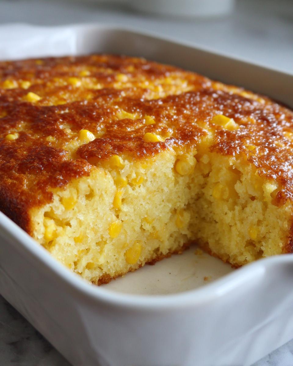 Close-up of a freshly baked jiffy corn casserole with a golden-brown top, showing a piece removed from the white baking dish.