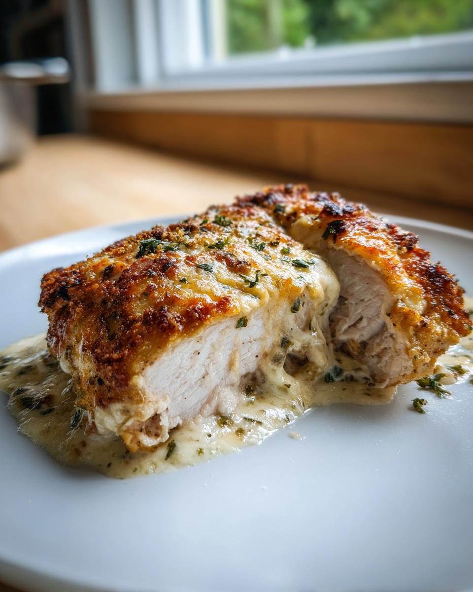 A cross-section of a perfectly cooked caesar chicken breast, showing moist white meat and a creamy sauce pooling underneath.