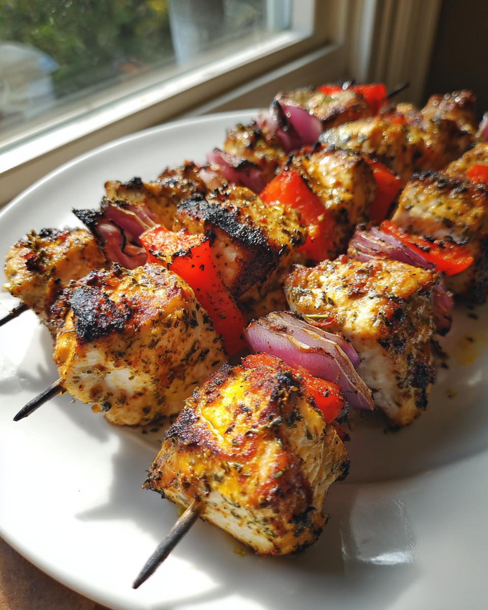Close-up of grilled chicken kebabs seasoned with herbs, featuring chunks of chicken, red onion, and bell pepper.