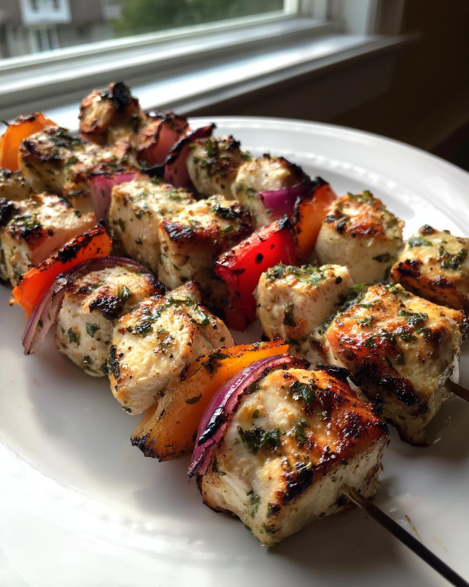 Close-up of grilled chicken kebabs featuring marinated chicken chunks, red onion, and orange bell pepper pieces.