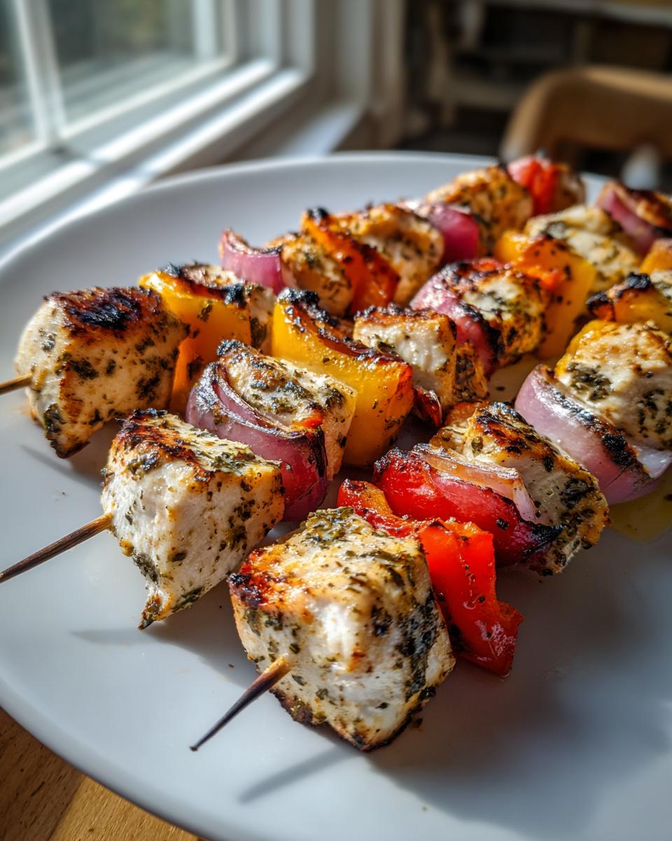 Close-up of grilled chicken kebabs featuring marinated chicken chunks, red onion, and yellow bell peppers on a white plate.