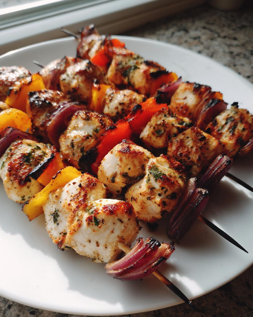 Close-up of three grilled chicken kebabs featuring seasoned chicken, red onion, and yellow bell peppers on a white plate.