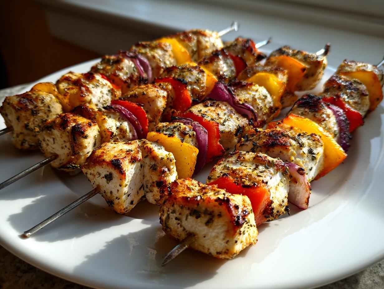 Three skewers of perfectly grilled, juicy chicken kebabs alternating with chunks of yellow pepper and red onion.
